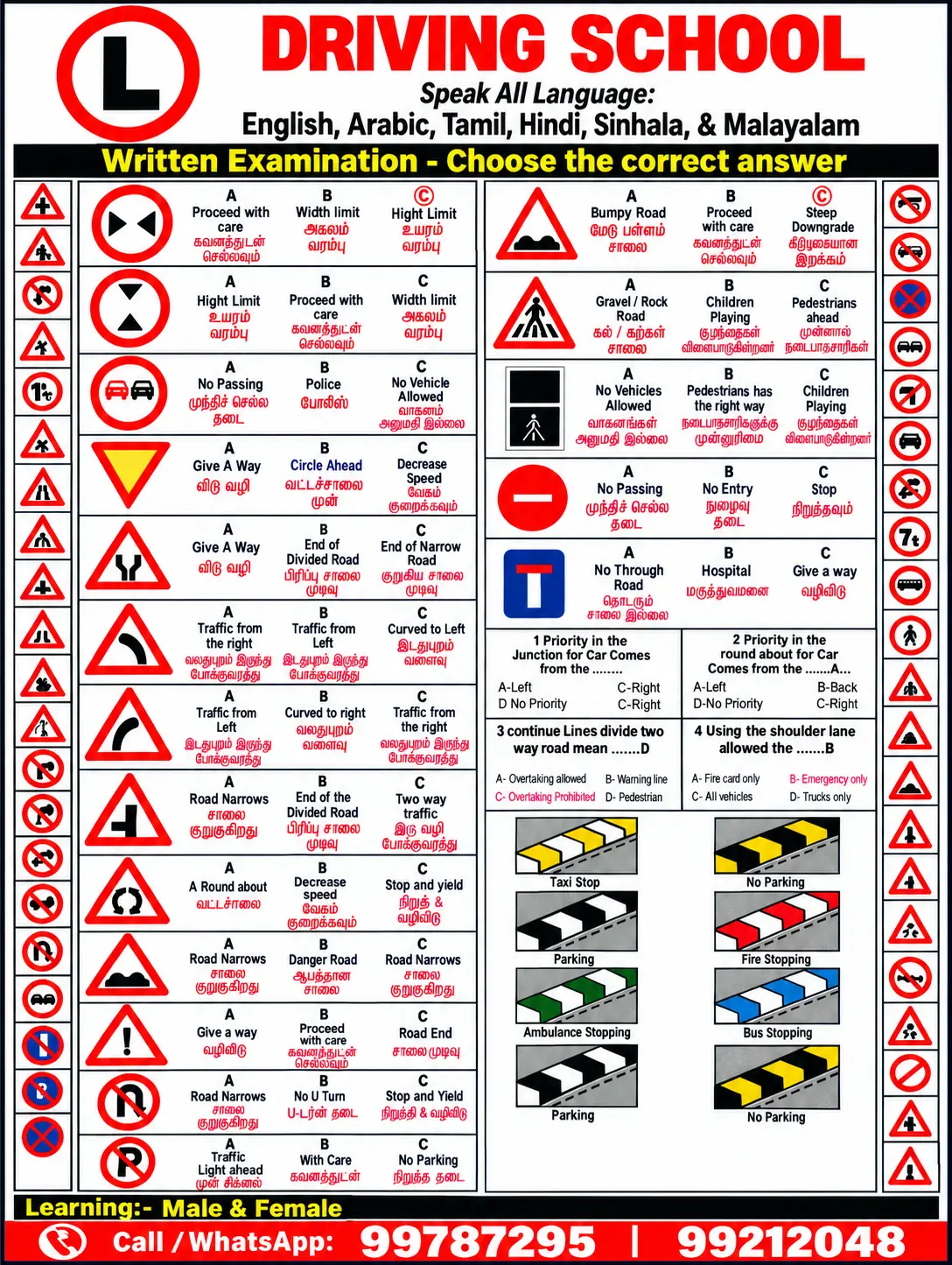 Kuwait driving school written examination road signs practice paper 2